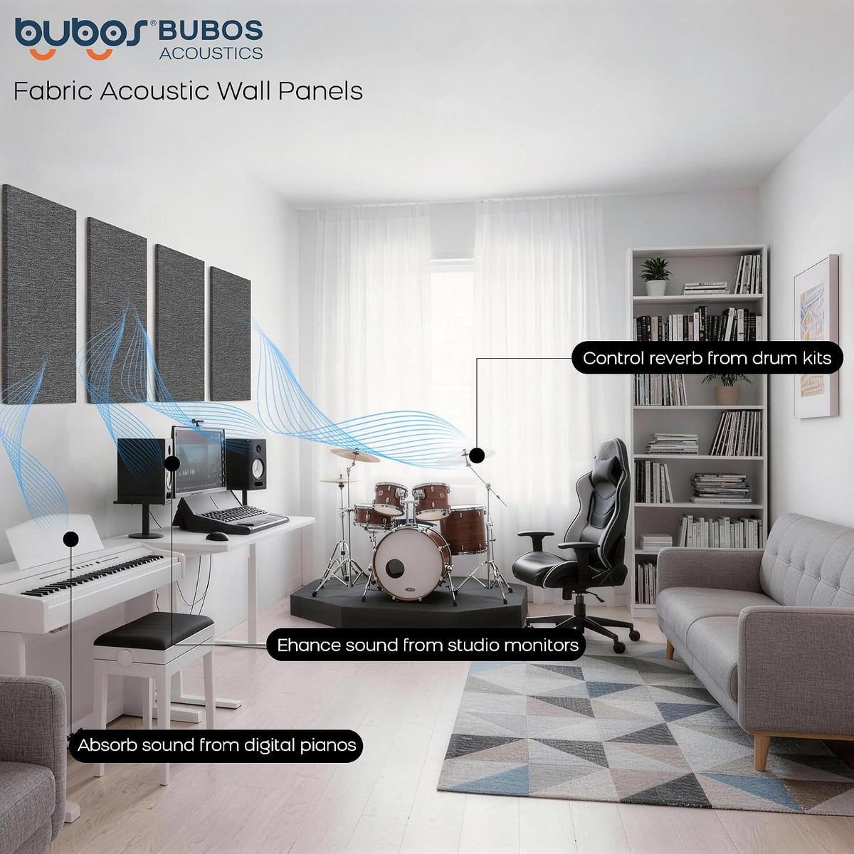 BUBOS Fabric Acoustic Wall Panels, 4-Pack | 1-Inch Peel and Stick Panels