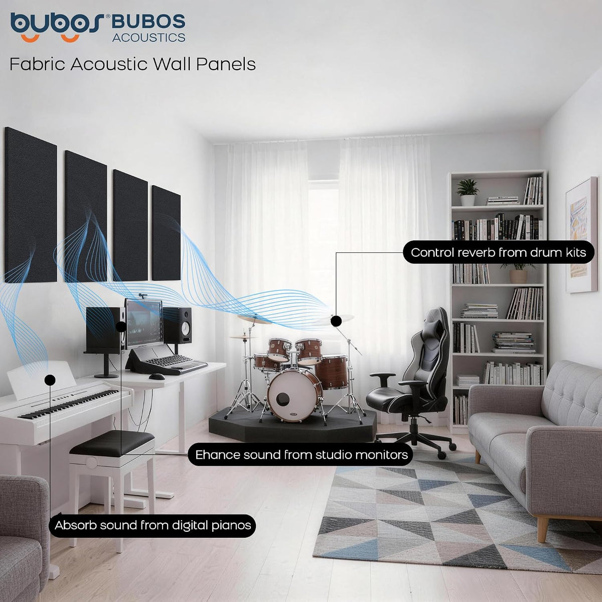 BUBOS Fabric Acoustic Wall Panels, 4-Pack | 1-Inch Peel and Stick Panels